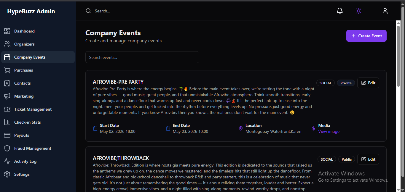 Hypebuzz Admin Panel.